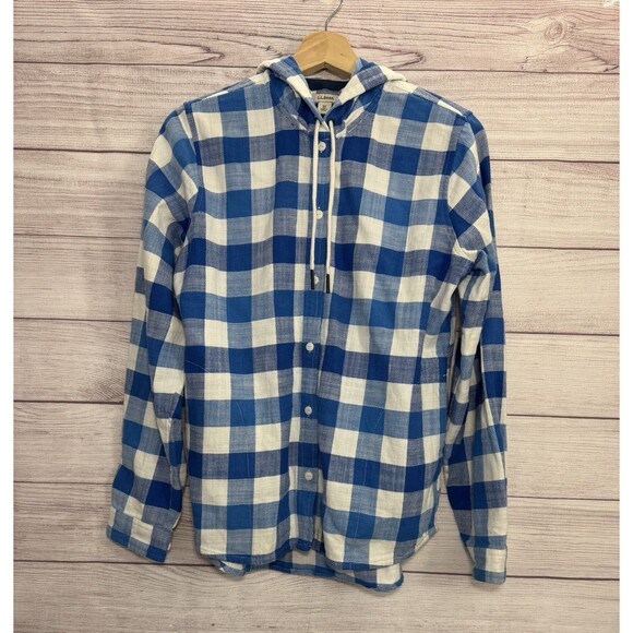 L.L.Bean Womens Scotch Plaid Flannel HoodieShirt Button Down BLUE 100% Cotton XS - Picture 1 of 11
